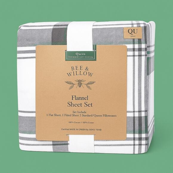 Bee & Willow Flannel Queen Sheet Set Gray/Green Plaid 100% Cotton Deep Pocket - Picture 1 of 11